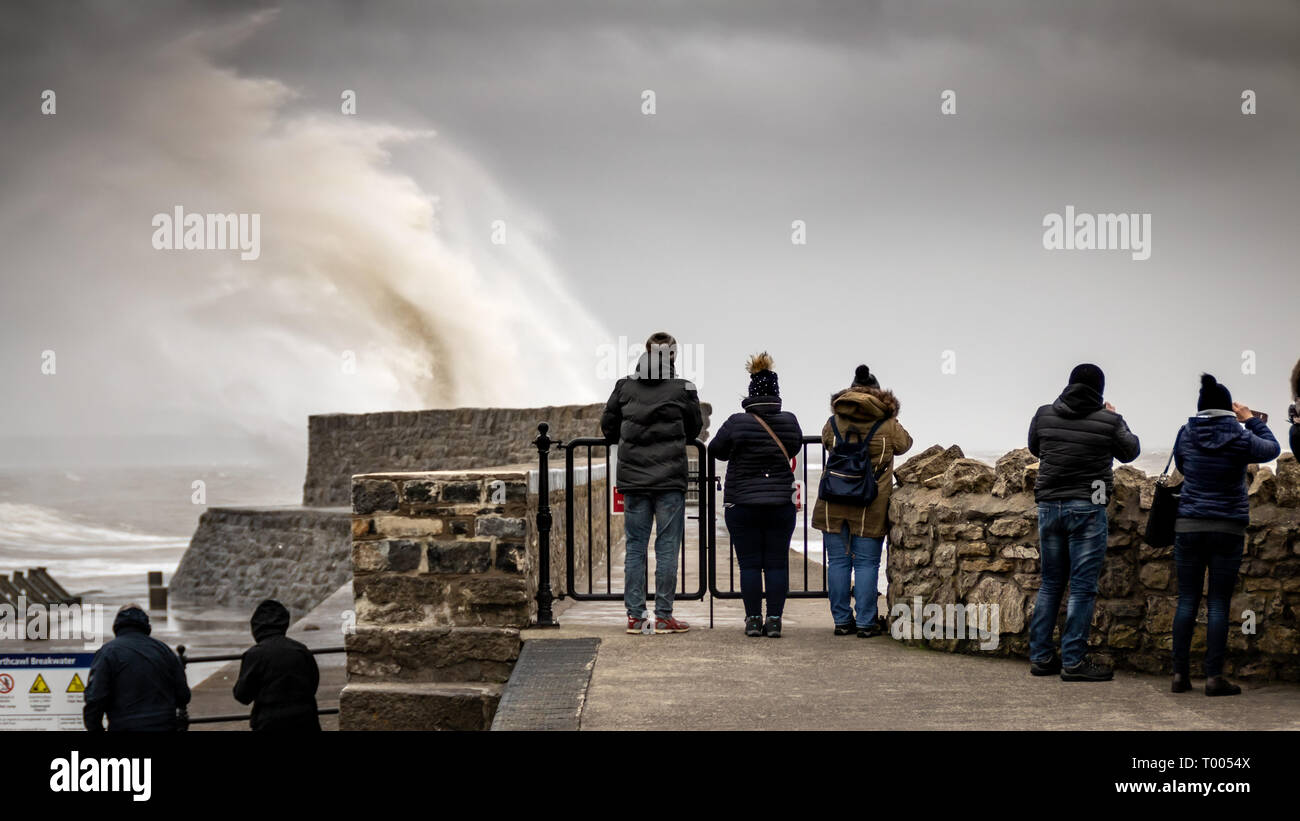16 march 2019 storm Hannah  batters the small seaside town of Porthcawl  South Wales, with upto 50mph gale force wind, huge waves. harbour , breakwater, pier, photography, news, photographer, people, sea, ocean, extreme weather, danger warning alert. Stock Photo