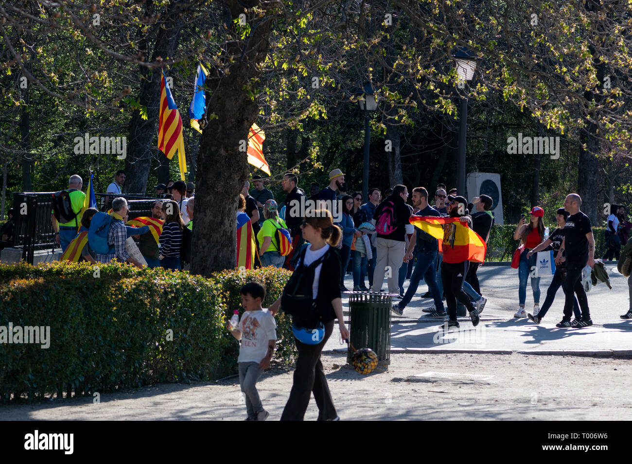 16th March, 2019. Madrid, Spain. Catalan separatist protesters in the Retiro Park, Madrid before a planned protest march through the Spanish Capital Stock Photo