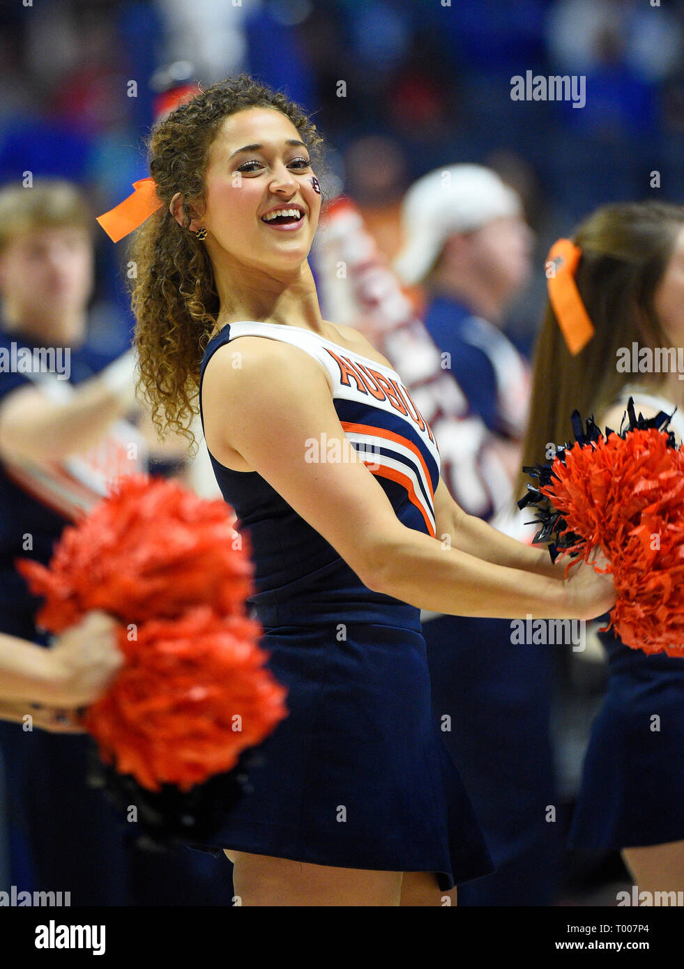 Nashville, Tennessee, USA. March 16, 2019; Auburn cheerleader during a time out during a SEC championship series game between the Auburn Tigers vs Florida Gators at Bridgestone Arena in Nashville, TN (Mandatory Photo Credit: Steve Roberts/Cal Sport Media) Stock Photo