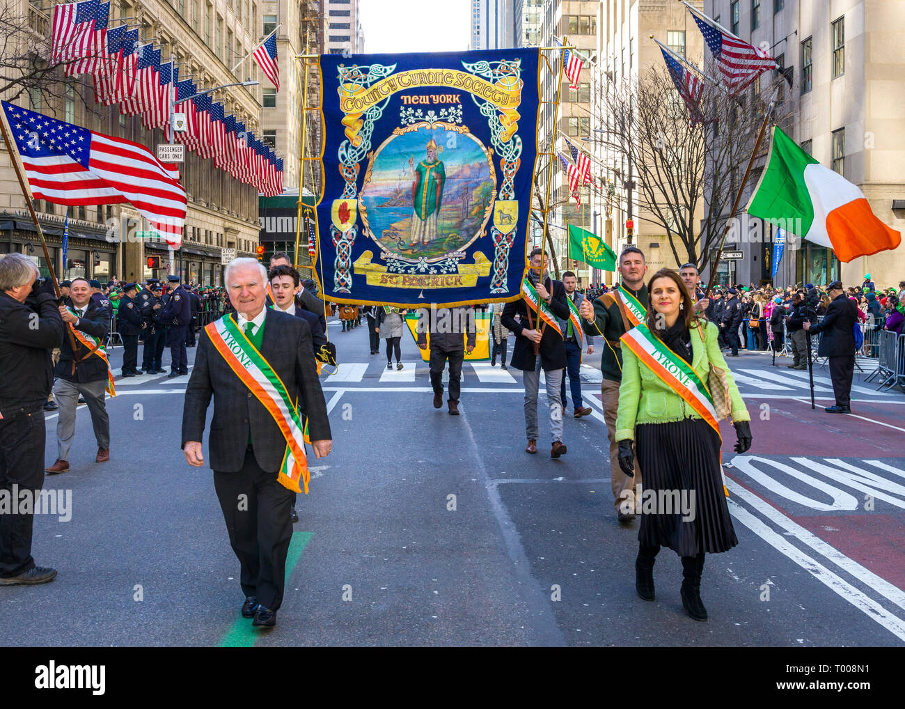 New York, USA. 16 March 2019.  Members of the County Tyrone Society march through New York's 5th Avenue during the 258th NYC St. Patrick's Day Parade.  Photo by Enrique Shore Credit: Enrique Shore/Alamy Live News Stock Photo