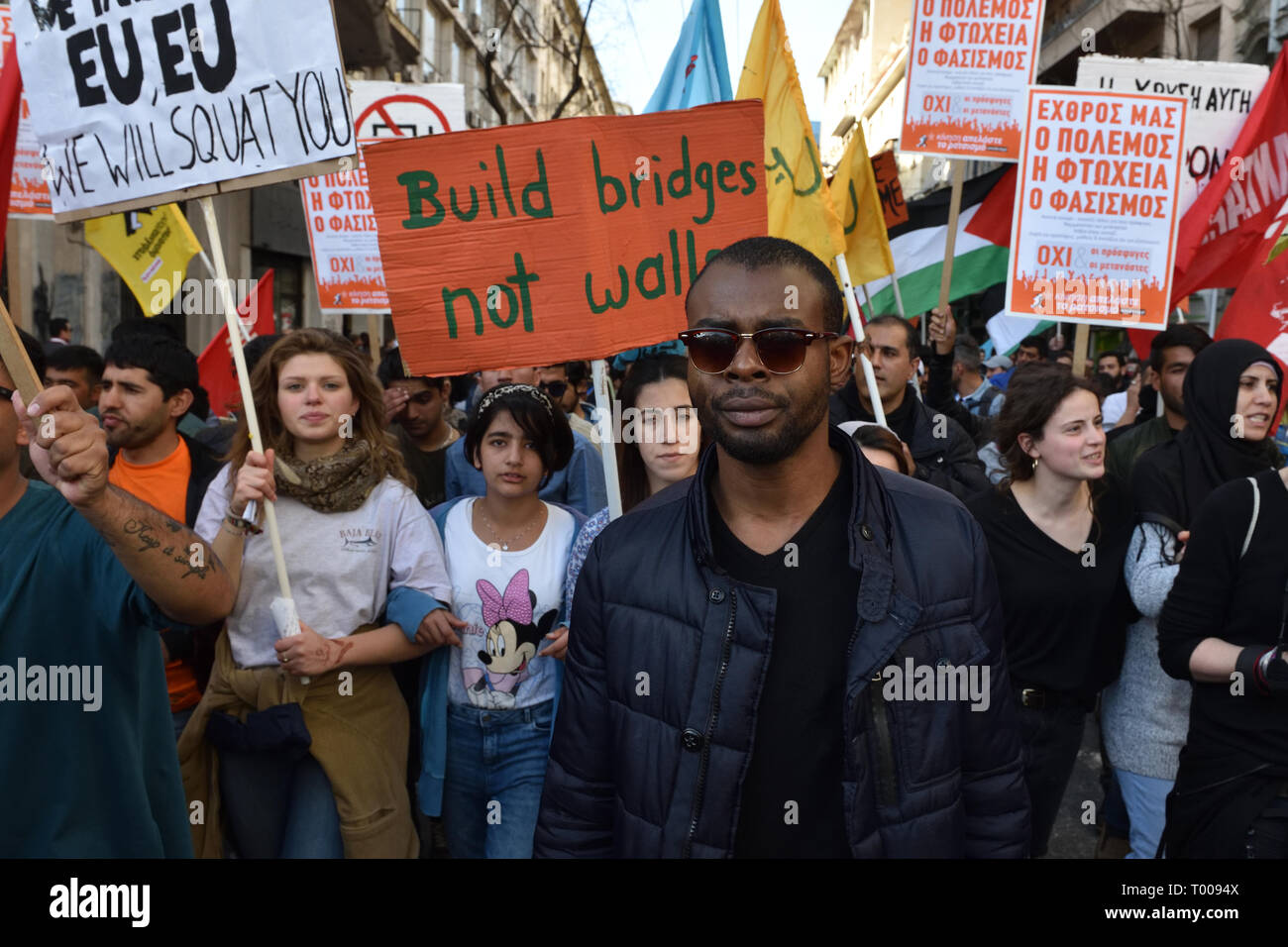 Athens, Greece. 16th Mar 2019. Migrants and supporting activists march chanting slogans during a demonstration to mark the UN International Day for the Elimination of Racial Discrimination in Athens, Greece. Credit: Nicolas Koutsokostas/Alamy Live News. Stock Photo