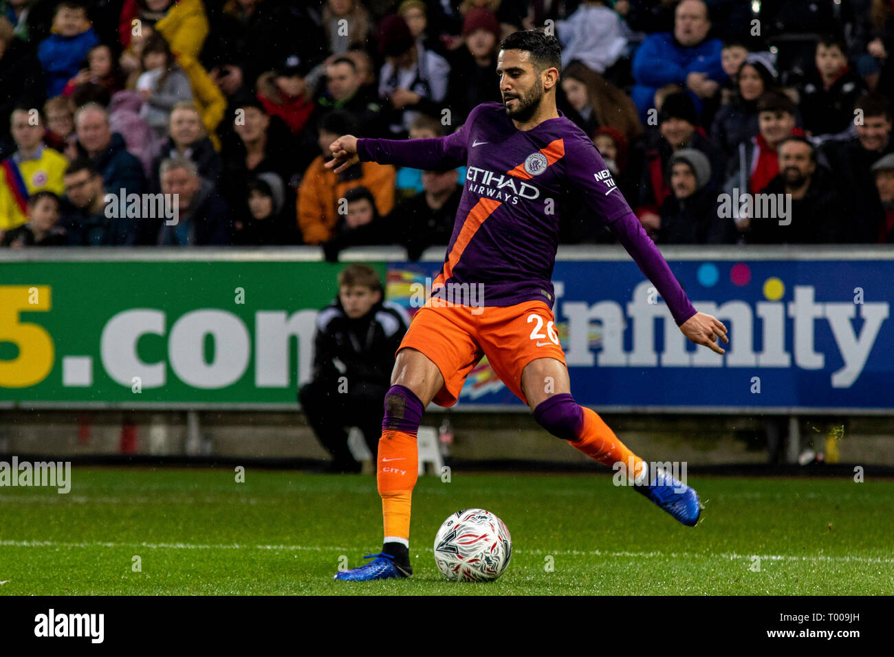 Swansea, UK. 16th March 2019.  Riyad Mahrez of Manchester City in action against Swansea City. The Emirates FA Cup, quarter-final match  this image may only be used for Editorial purposes. Editorial use only, license required for commercial use. No use in betting, games or a single club/league/player publications. pic by Andrew Orchard sports photography/Alamy Live news Stock Photo