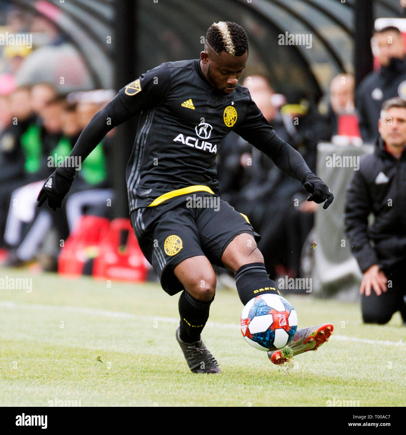 March 16, 2019:Columbus Crew SC defender Waylon Francis (14) kicks the ball down the pitch against FC Dallas in their game in Columbus, Ohio, USA. Brent Clark/Alamy Live News Stock Photo