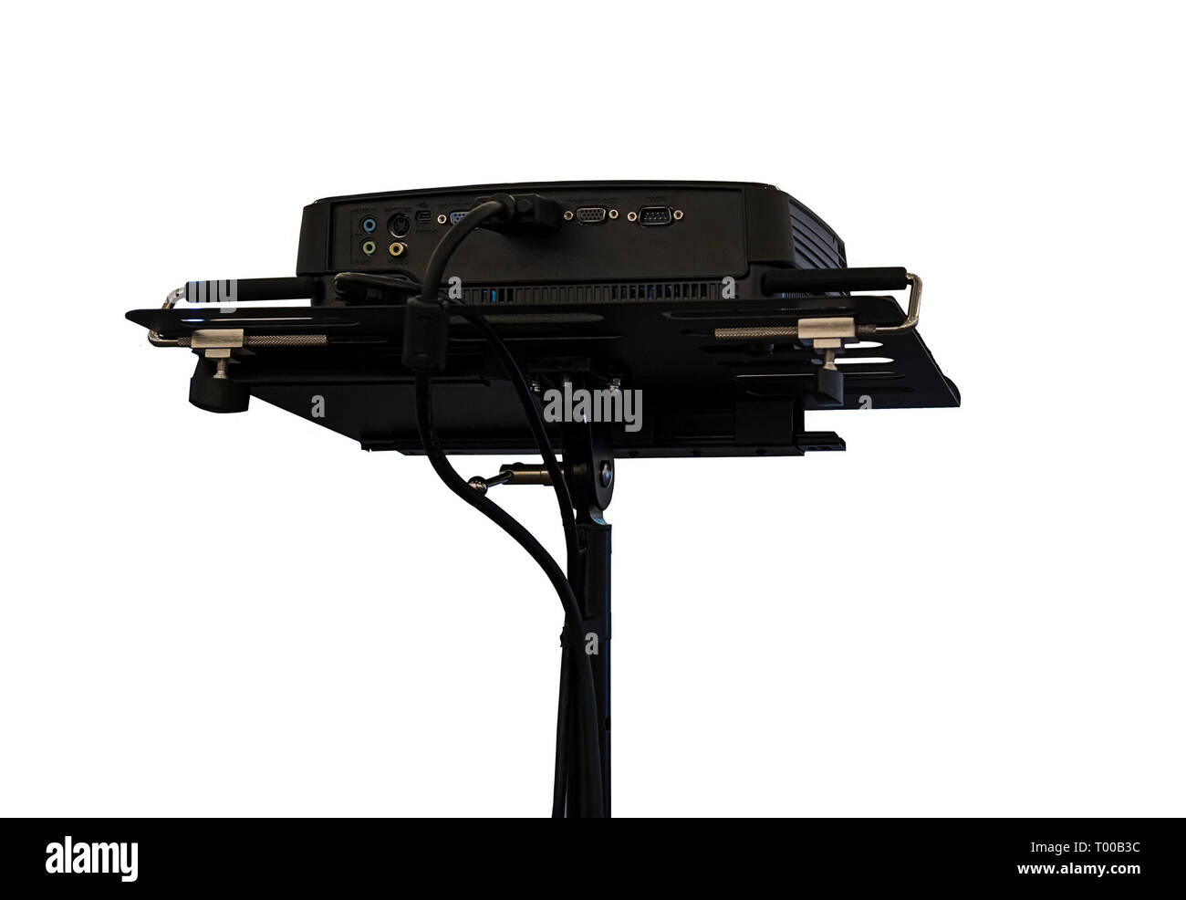 multimedia projector on white background. black projector rear view