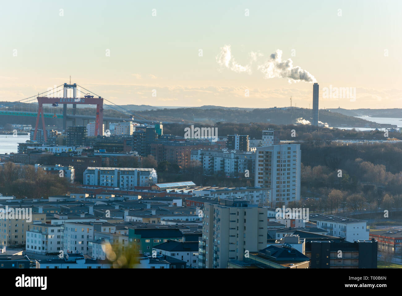 bird eye view of gothenburg city from top of ramberget hill sweden with famous crane at eriksberg and smoe from thermal plant Stock Photo