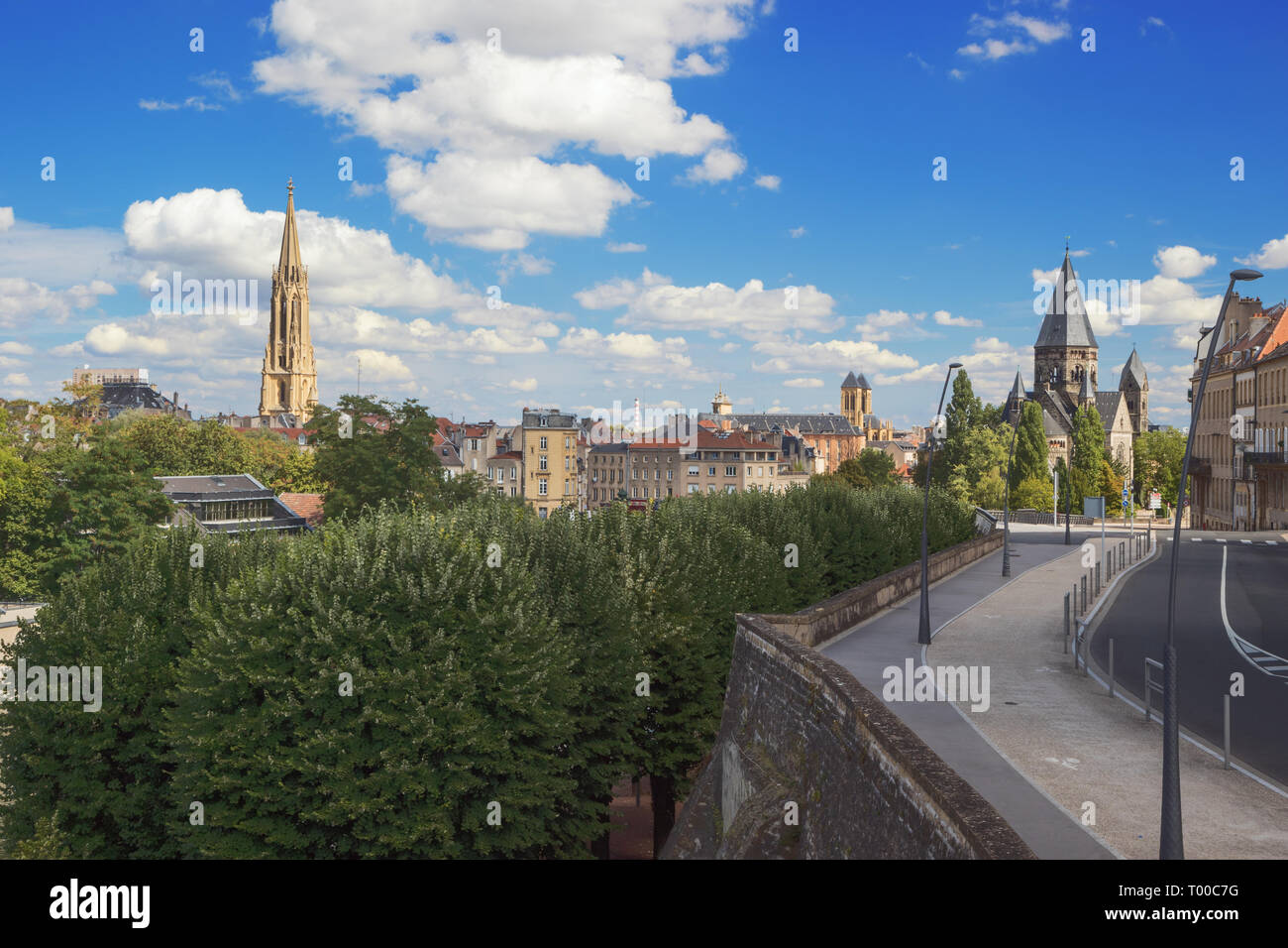 Skyline of Metz with the Garrison Church and the Temple Neuf seen from Moselle near the Esplanade Stock Photo