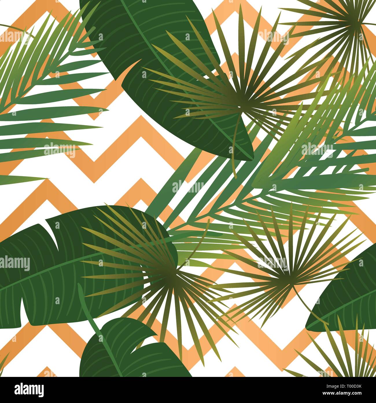 Summer tropical palm leaves seamless pattern on copper texture stripes. Stock Vector
