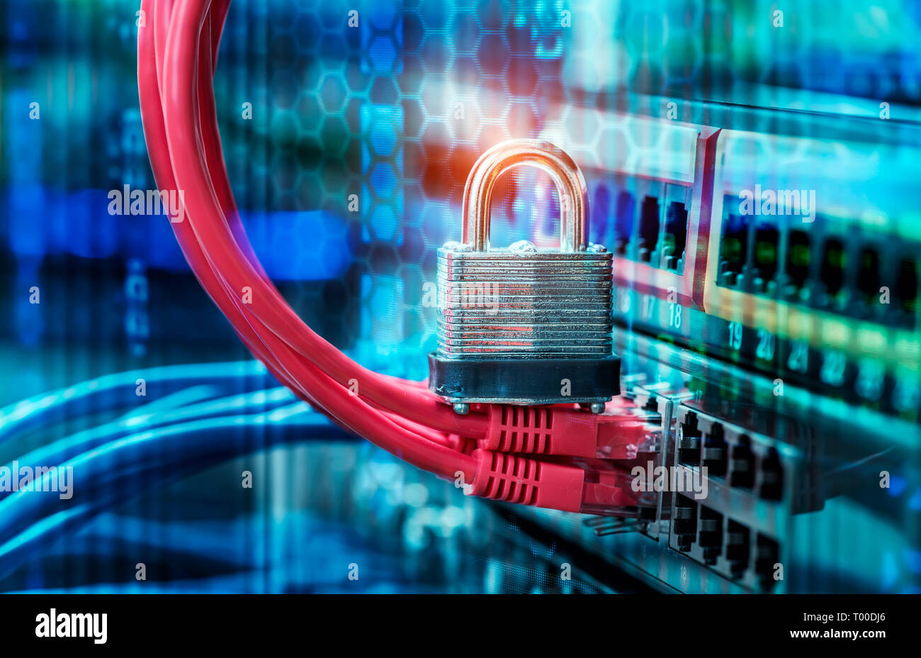 network and data protection concept with padlock and switch cable Stock Photo