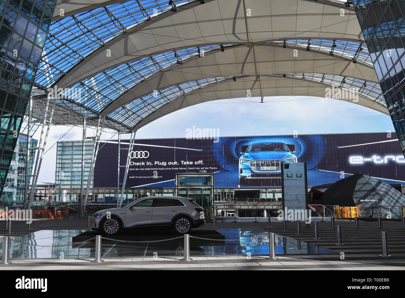 MUNICH AIRPORT, BAVARIA, GERMANY - MARCH 13, 2019: Presentation of brand new Audi e-tron, a compact luxury crossover SUV. Zero emission electric car. Stock Photo