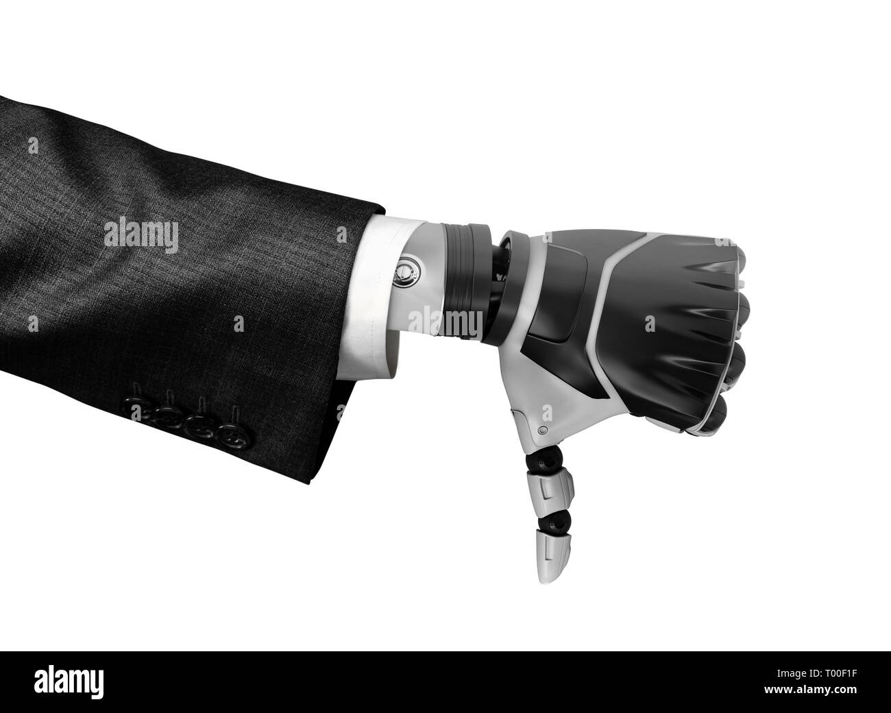 3d rendering of a robotic hand in business suit showing thumb down isolated on white background Stock Photo
