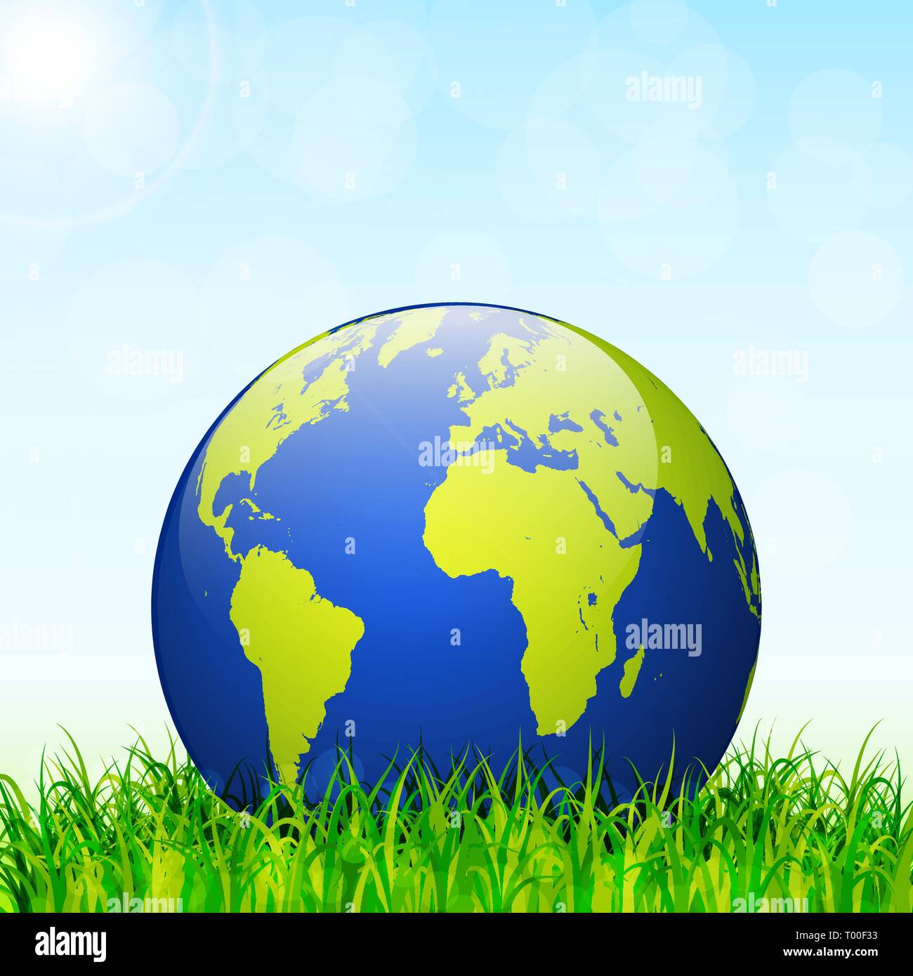 World environment day concept. Earth globe with green grass and blue ...