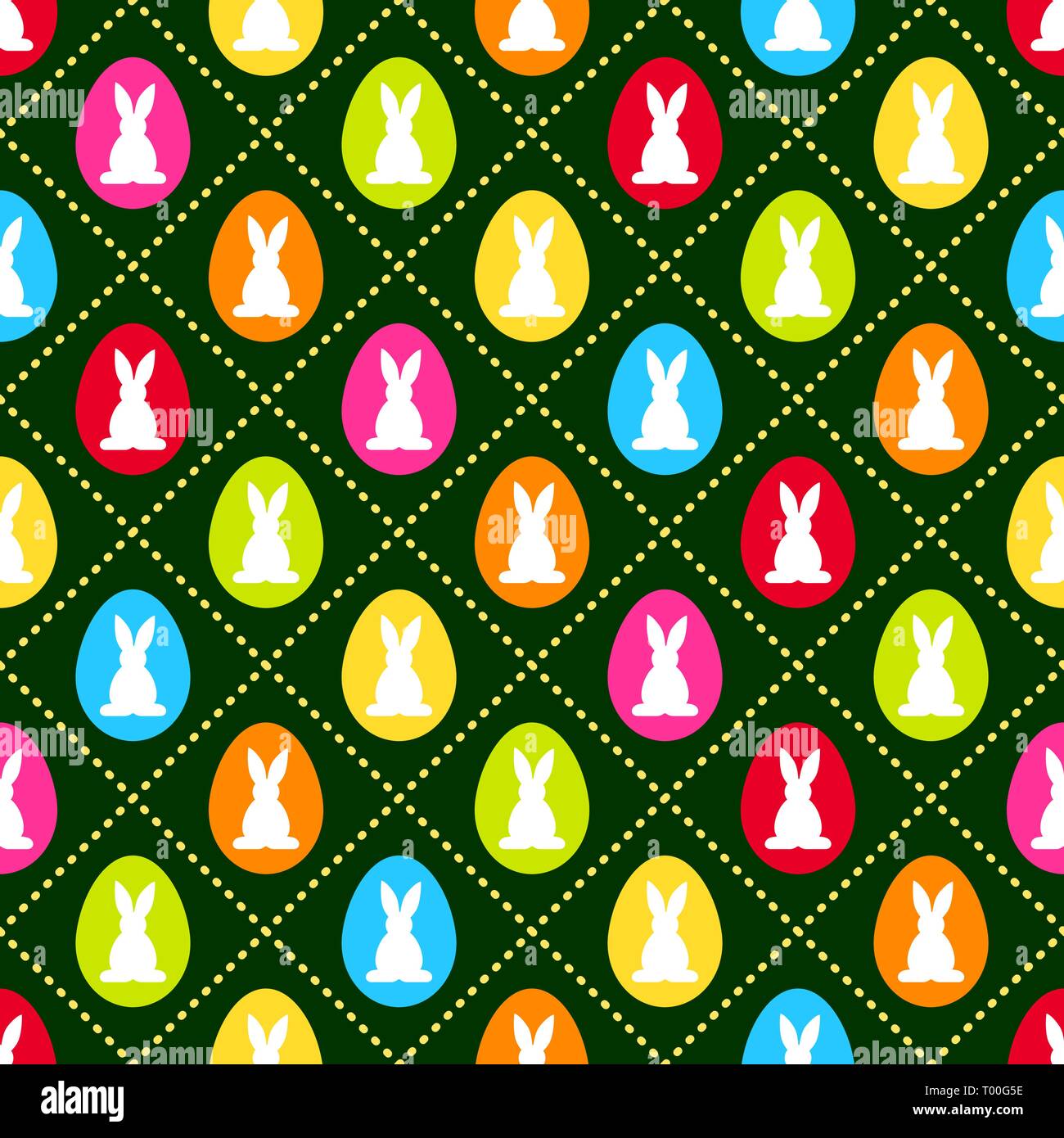 Seamless pattern vector background with colorful Easter eggs and rabbits Stock Vector