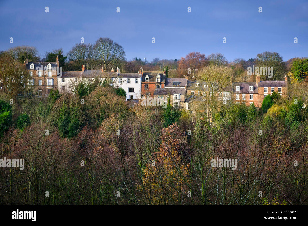 South Street Durham City is an affluent residential area containing a number of Grade II terraced houses with views over the city skyline. Stock Photo