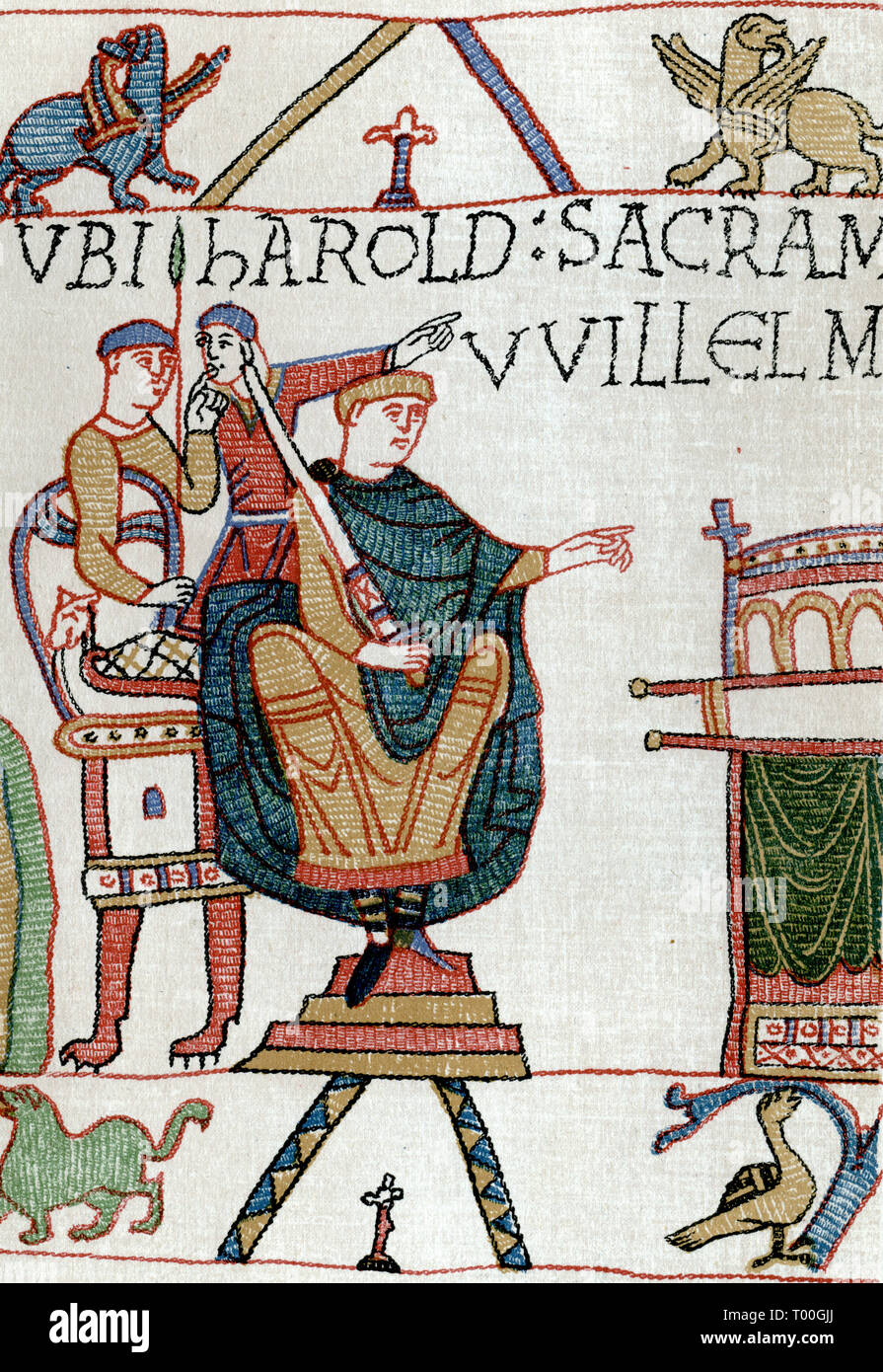 William receiving Harold's Oath. HAROLD SACRAMENTUM FECIT VVILLELMO DUCI (Harold made an oath to Duke William). This scene took place at Bagia (Bayeux, probably in Bayeux Cathedral).  The Bayeux Tapestry is an embroidered cloth measuring approx 70 metres (230 ft) long and 50 centimetres (20 in) tall. It depicts the events leading up to the Norman conquest of England concerning William, Duke of Normandy, and Harold, Earl of Wessex, later King of England, and culminating in the Battle of Hastings. Stock Photo