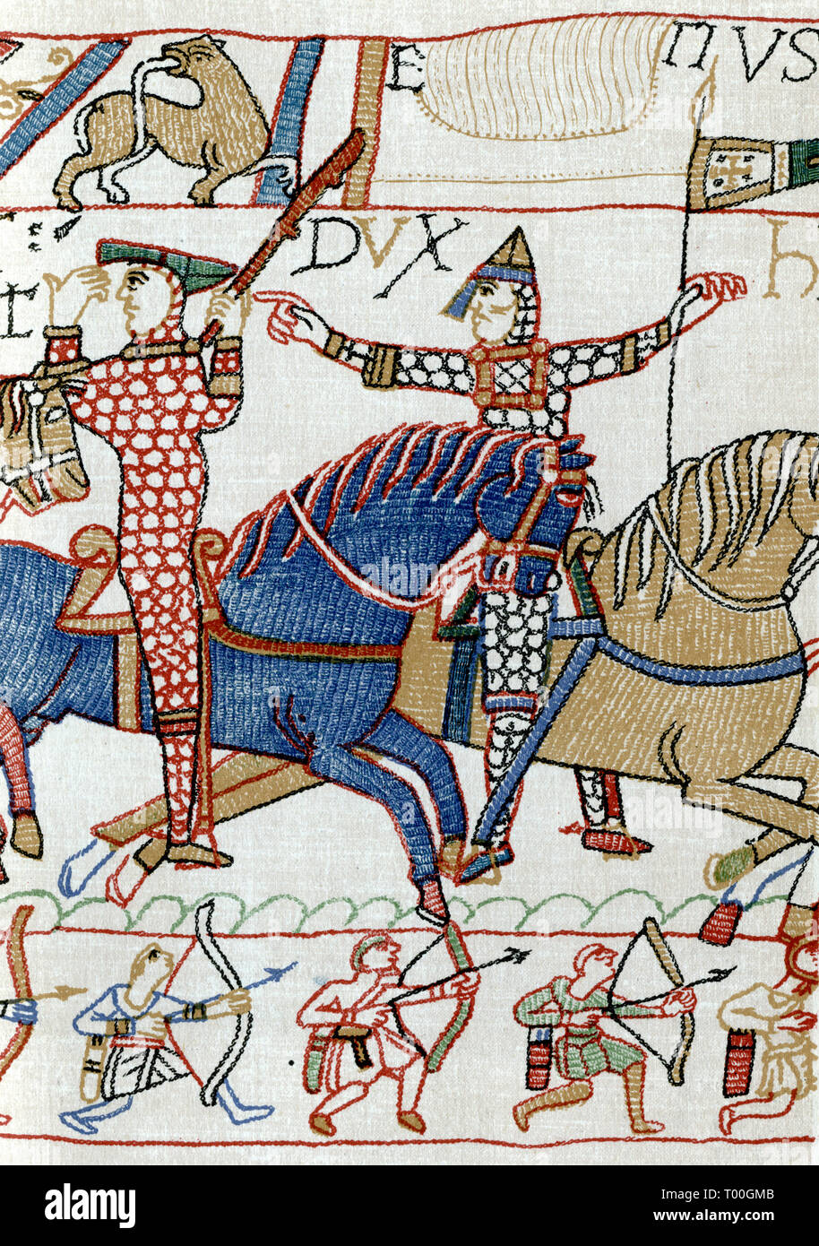 William I (c1028-1087), possibly with Eustace II, Count of Boulogne (c1015-c1087), during the Battle of Hastings, 11th century. A detail of the Bayeux Tapestry. The Bayeux Tapestry (Tapisserie de Bayeux) depicts the events leading up to the Norman conquest of England concerning William, Duke of Normandy, and Harold, Earl of Wessex, later King of England, and culminating in the Battle of Hastings. Stock Photo