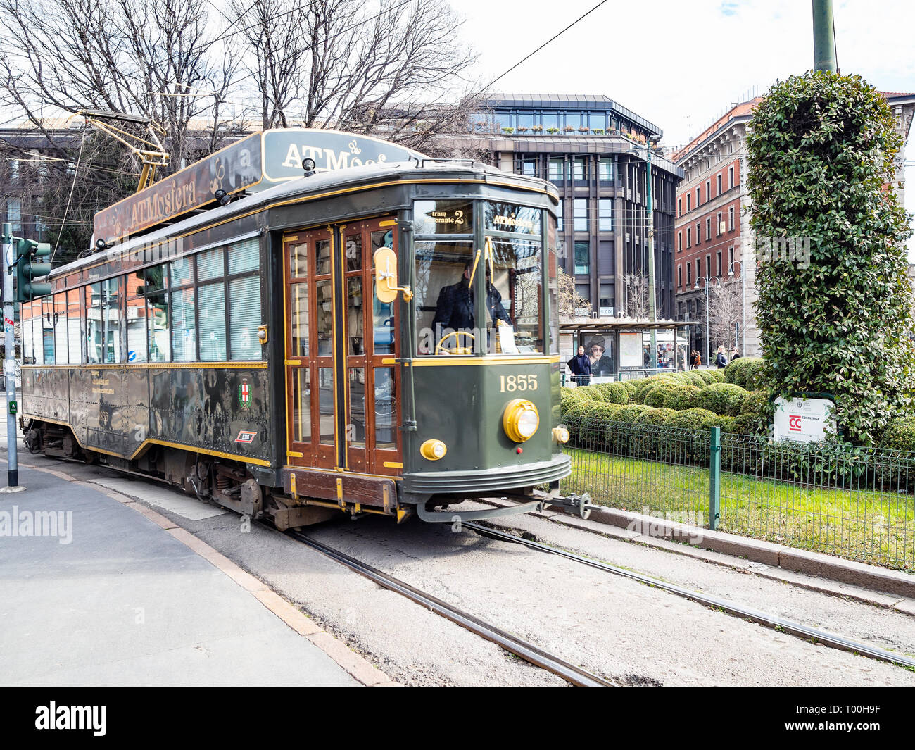 MILAN, ITALY - FEBRUARY 24, 2019: ATMosfera restaurant in old tram on square Piazza Castello in Milan city. Milan is capital of Lombardy, the second-m Stock Photo