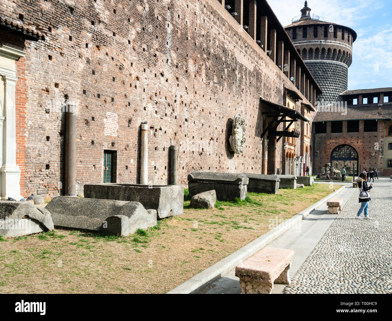 MILAN, ITALY FEBRUARY 24, 2019 visitors near ancient roman ruins in