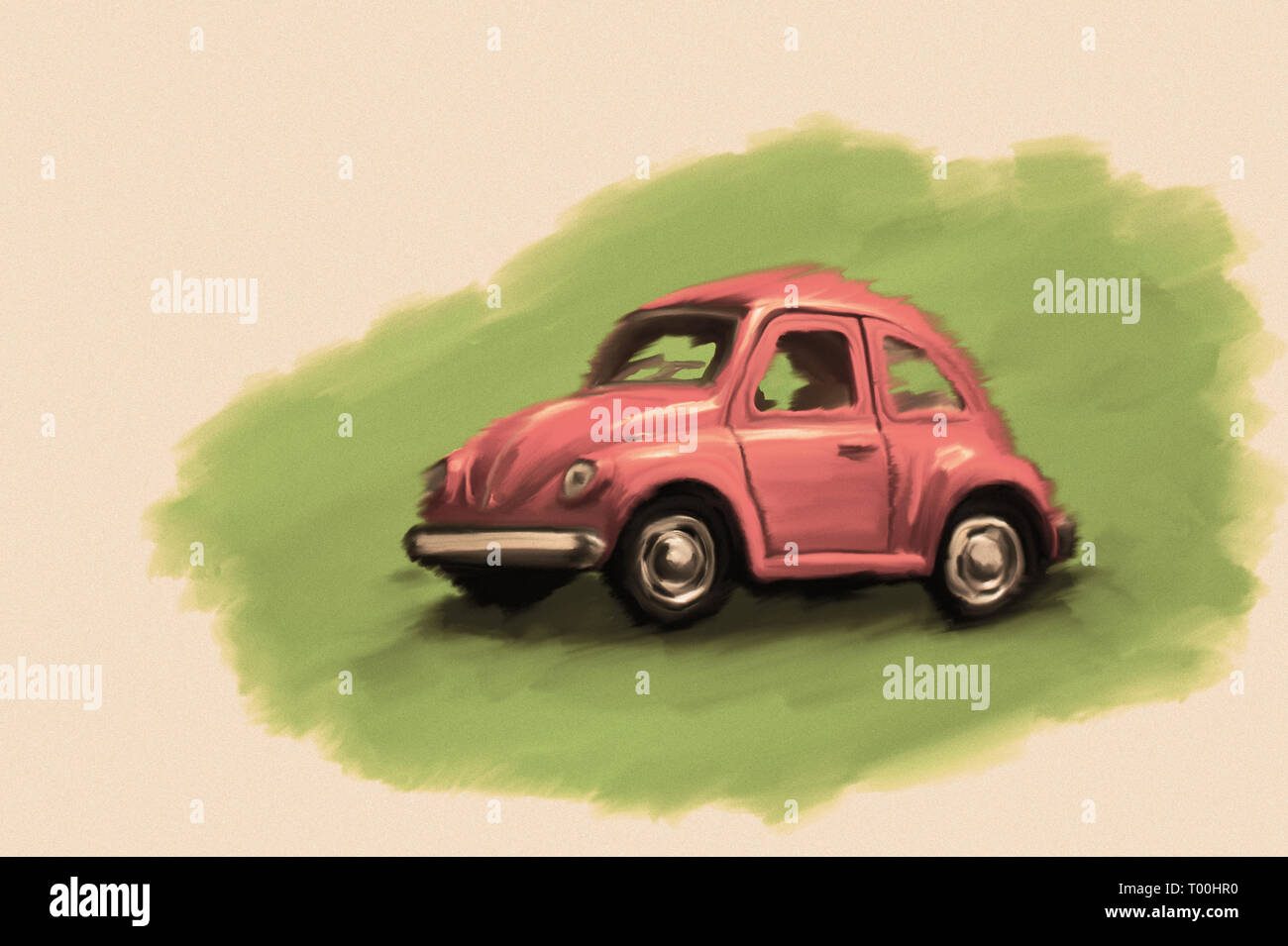 Red toy car illustration like oil paint on a white background. Stock Photo