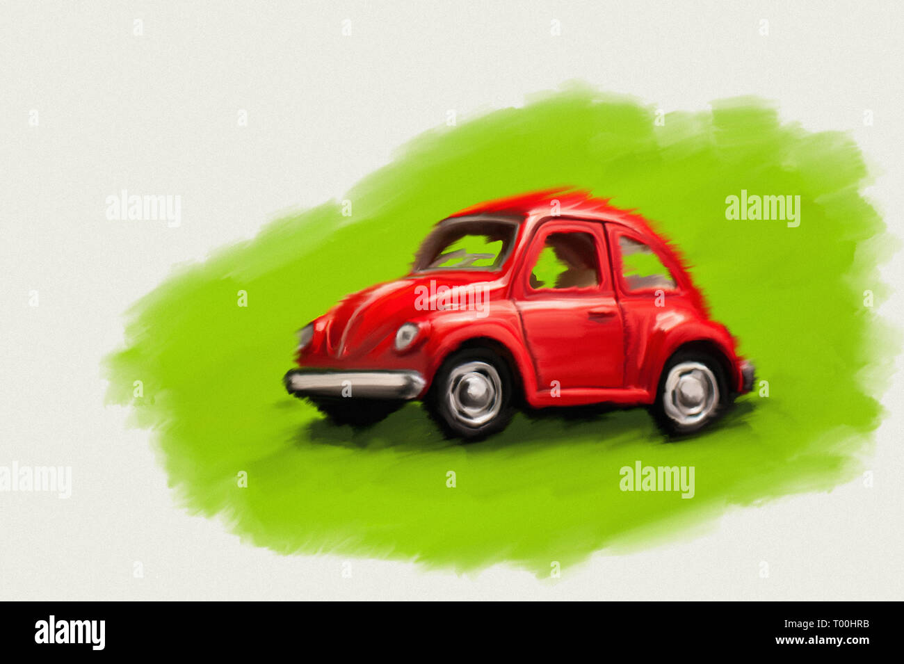 Red toy car illustration like oil paint on a white background. Stock Photo
