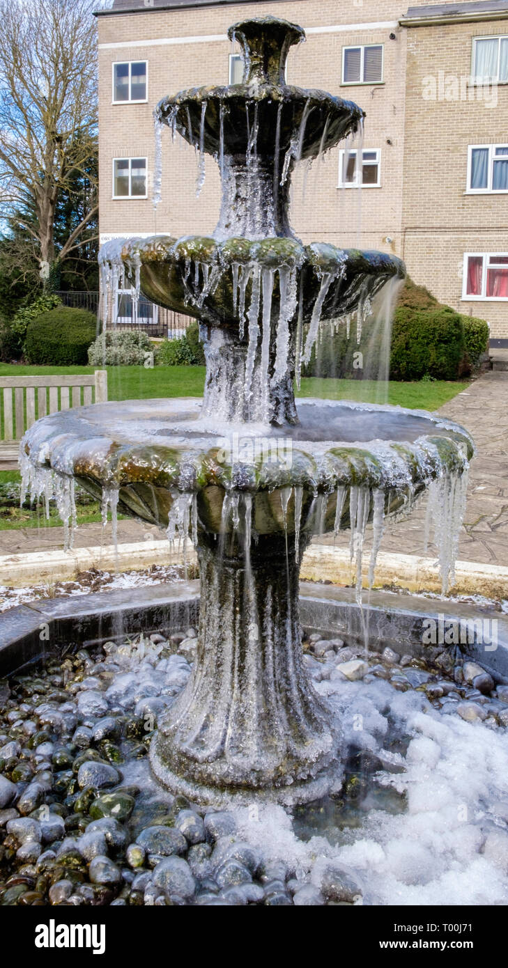 Water from fountain freezes as Britain experiences coldest February in 5 years thanks to the “beast from the East” weather blast. Feb 27, 2018 London Stock Photo