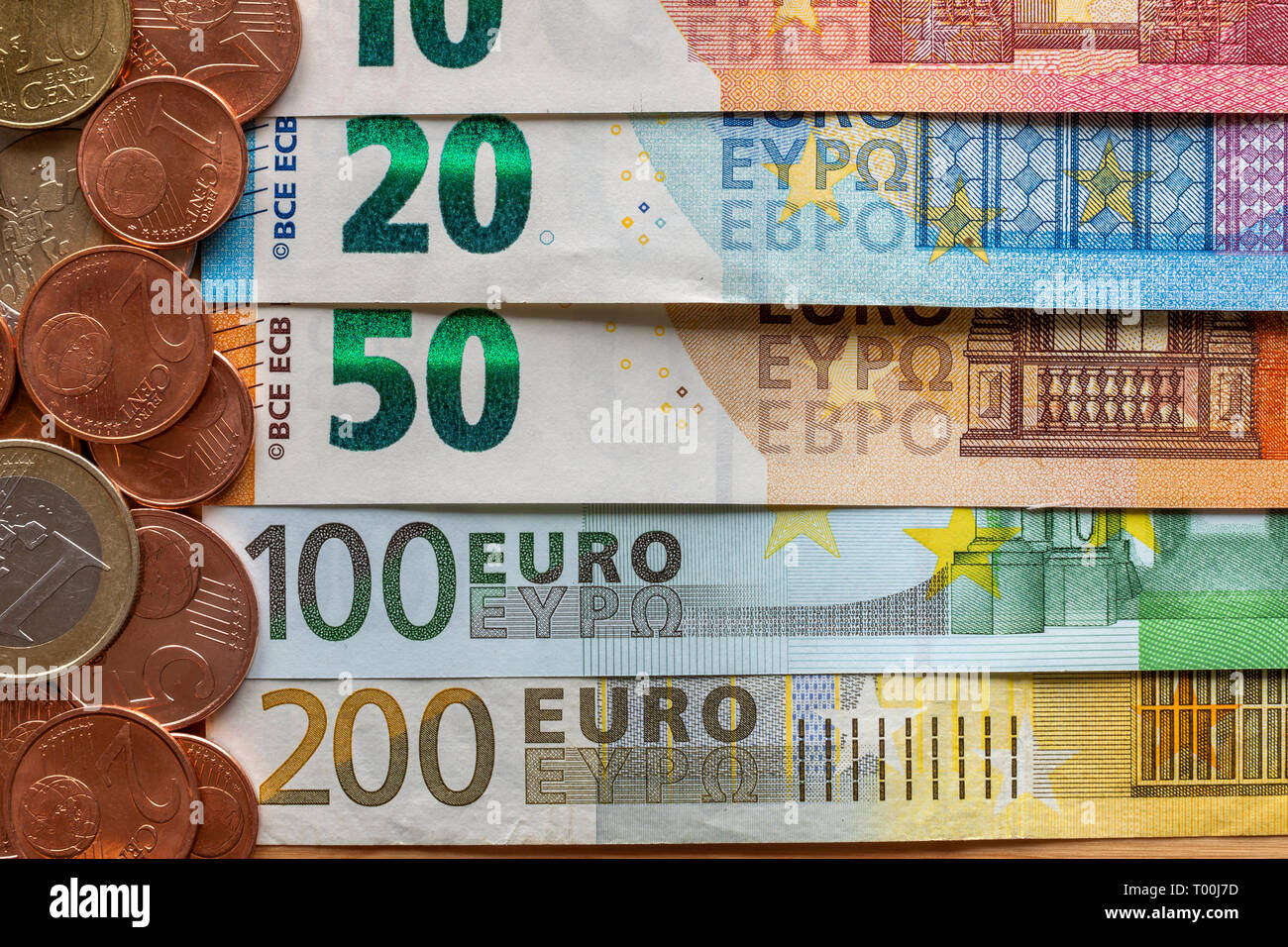 Neatly arranged stack of euro banknotes, currency bills worth ten ...