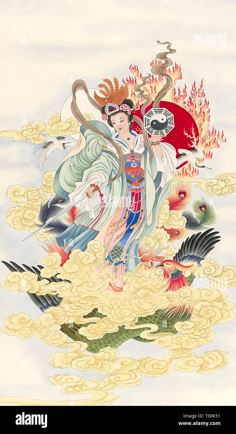 Jiutian Xuannü (九天玄女) [The Dark Lady of the Nine Heavens] Chinese goddess of sex, war and longevity shown riding a cinnabar phoenix into the great mist with kingfisher-feathers in her hat holding a sword and Yin and Yang. Stock Photo