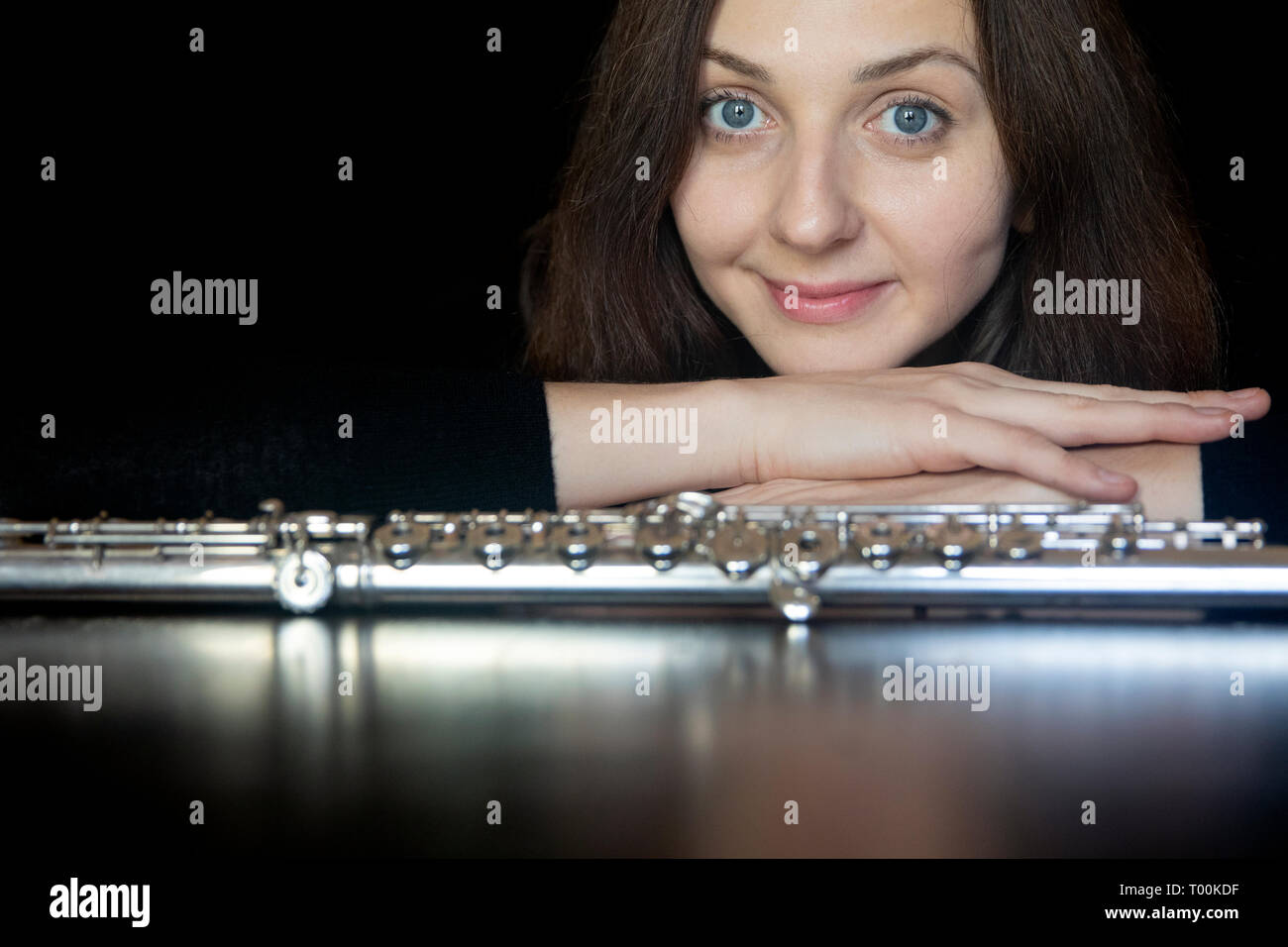 Studio portrait of professional flutist [Alla Sorokoletova] Boca