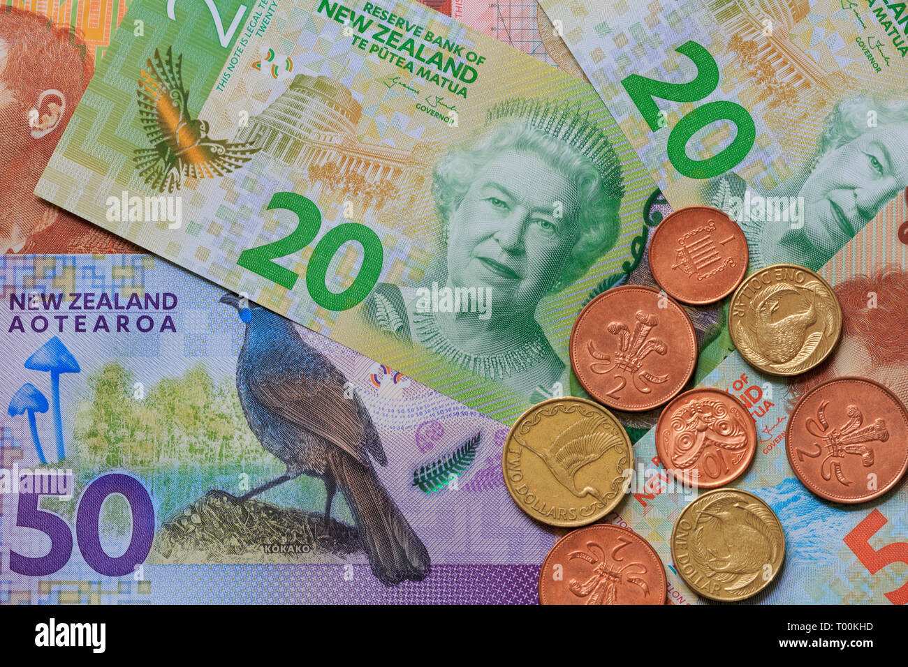 New Zealand paper currency & coins, Auckland, New Zealand Stock Photo