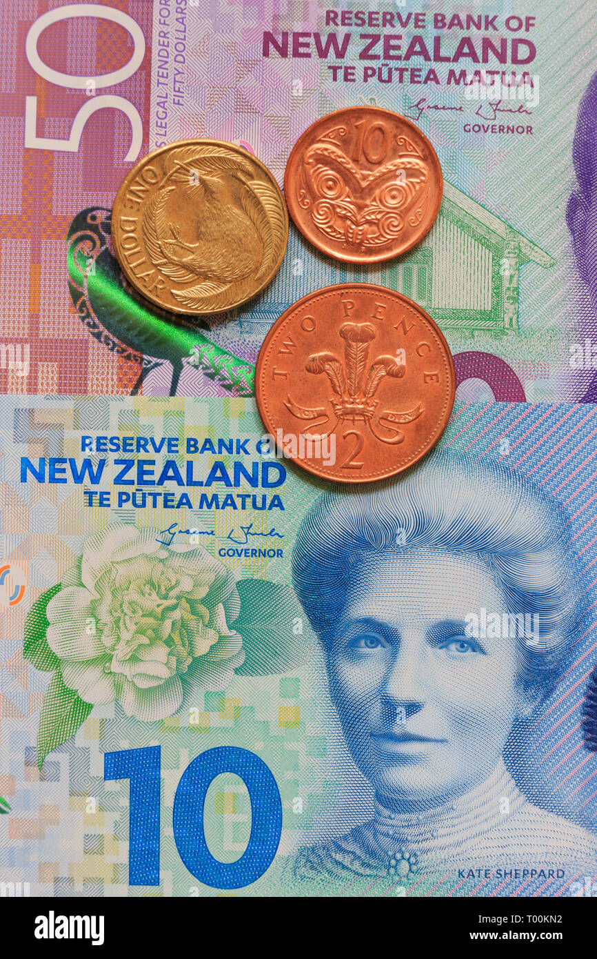 New Zealand paper currency & coins, Auckland, New Zealand Stock Photo
