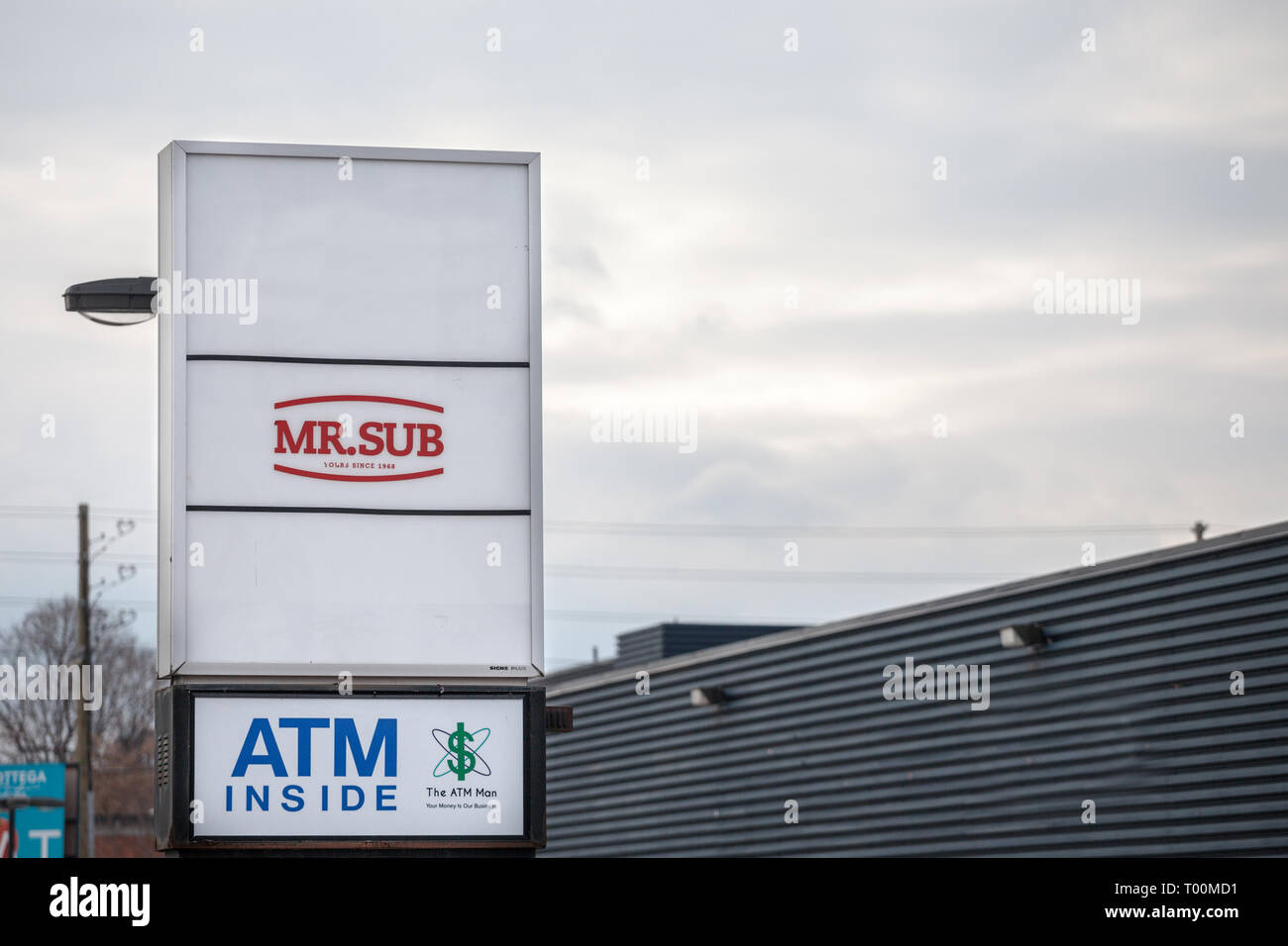 OTTAWA, CANADA - NOVEMBER 12, 2018: Mr. Sub logo in front of their local Restaurant in Ottawa, Ontario. Mr Sub is a fast food chain specialized in san Stock Photo