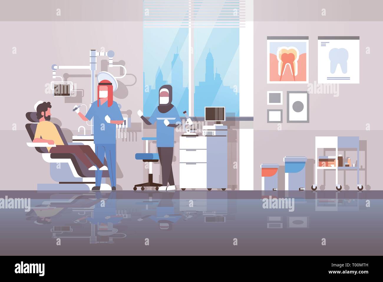 arab dentist with assistant in hijab drilling teeth of man patient