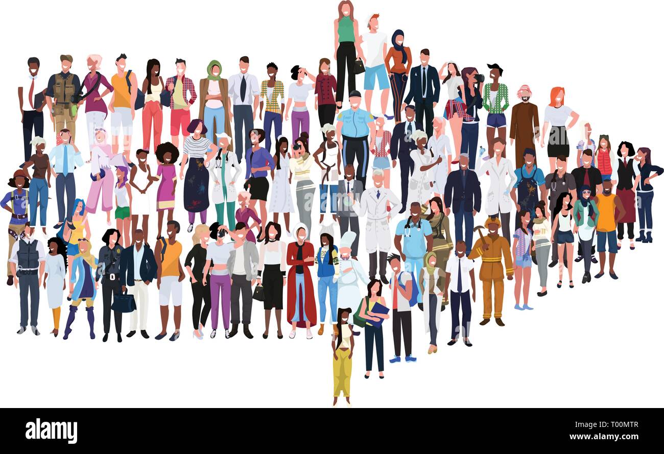 mix race people group different occupation standing together in arrow ...