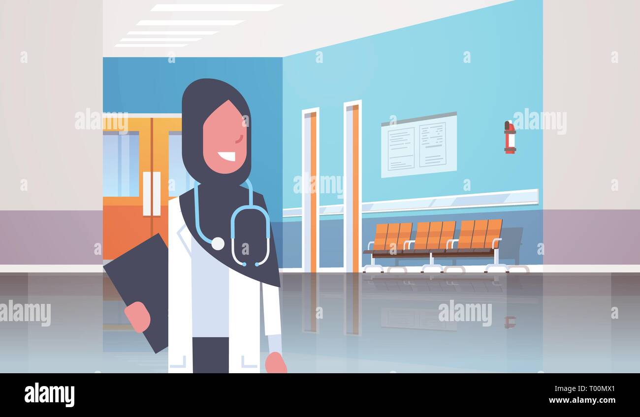 arab female doctor in hijab with stethoscope and clipboard standing hospital clinic corridor consultation and diagnosis healthcare concept horizontal Stock Vector