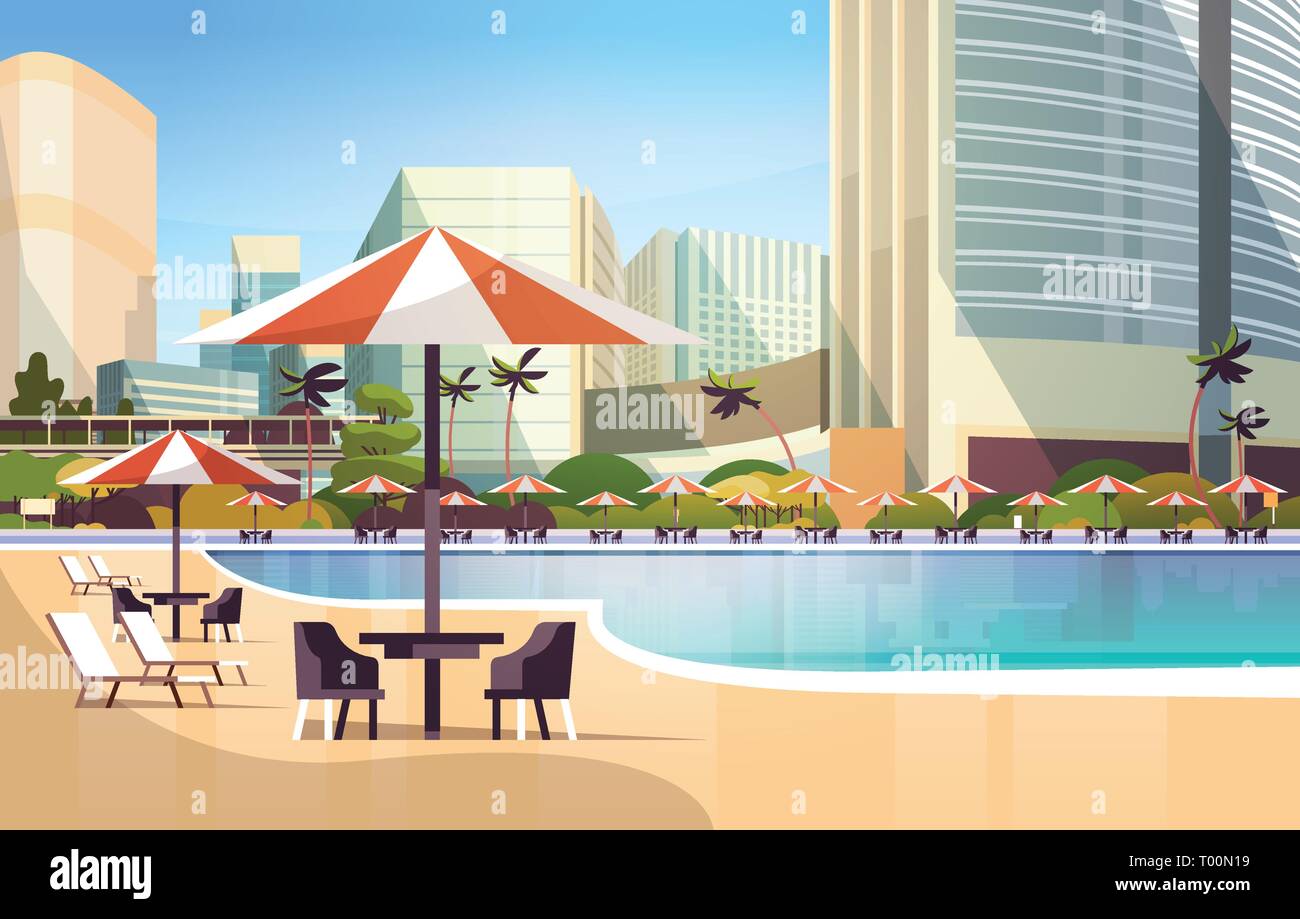 Luxury City Hotel Swimming Pool Resort With Umbrellas Desks And