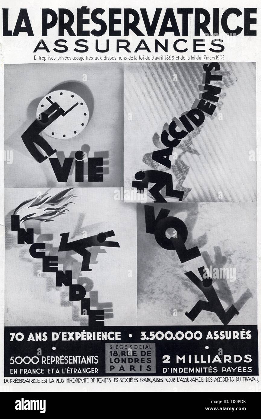 Publicité ancienne. La préservatrice assurances. 13 juin 1936 Stock Photo