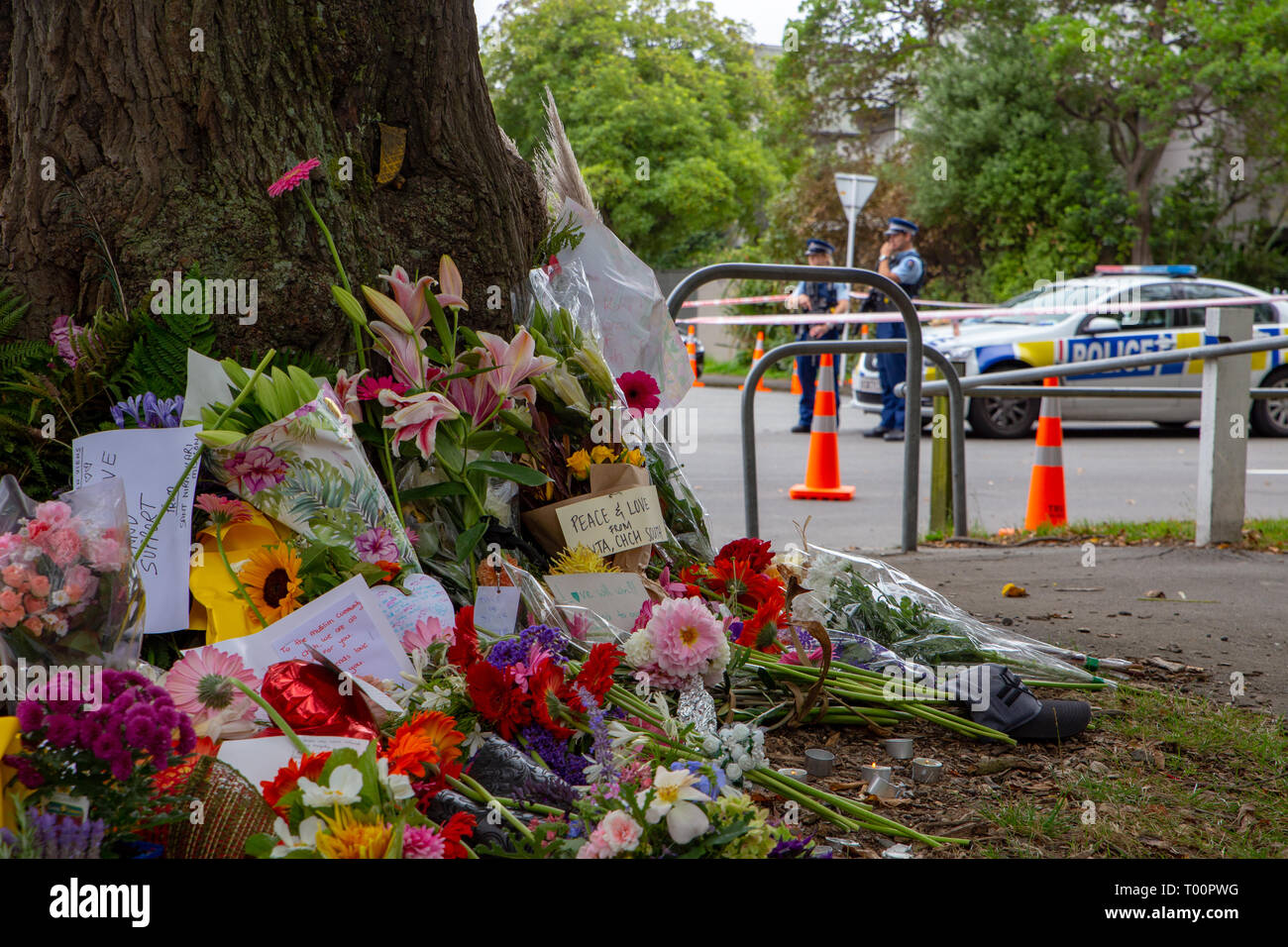 Christchurch, Canterbury, New Zealand, March 17 2019: Flowers to remember the victims of the March 15 2019 Christchurch Mosque Shootings Stock Photo