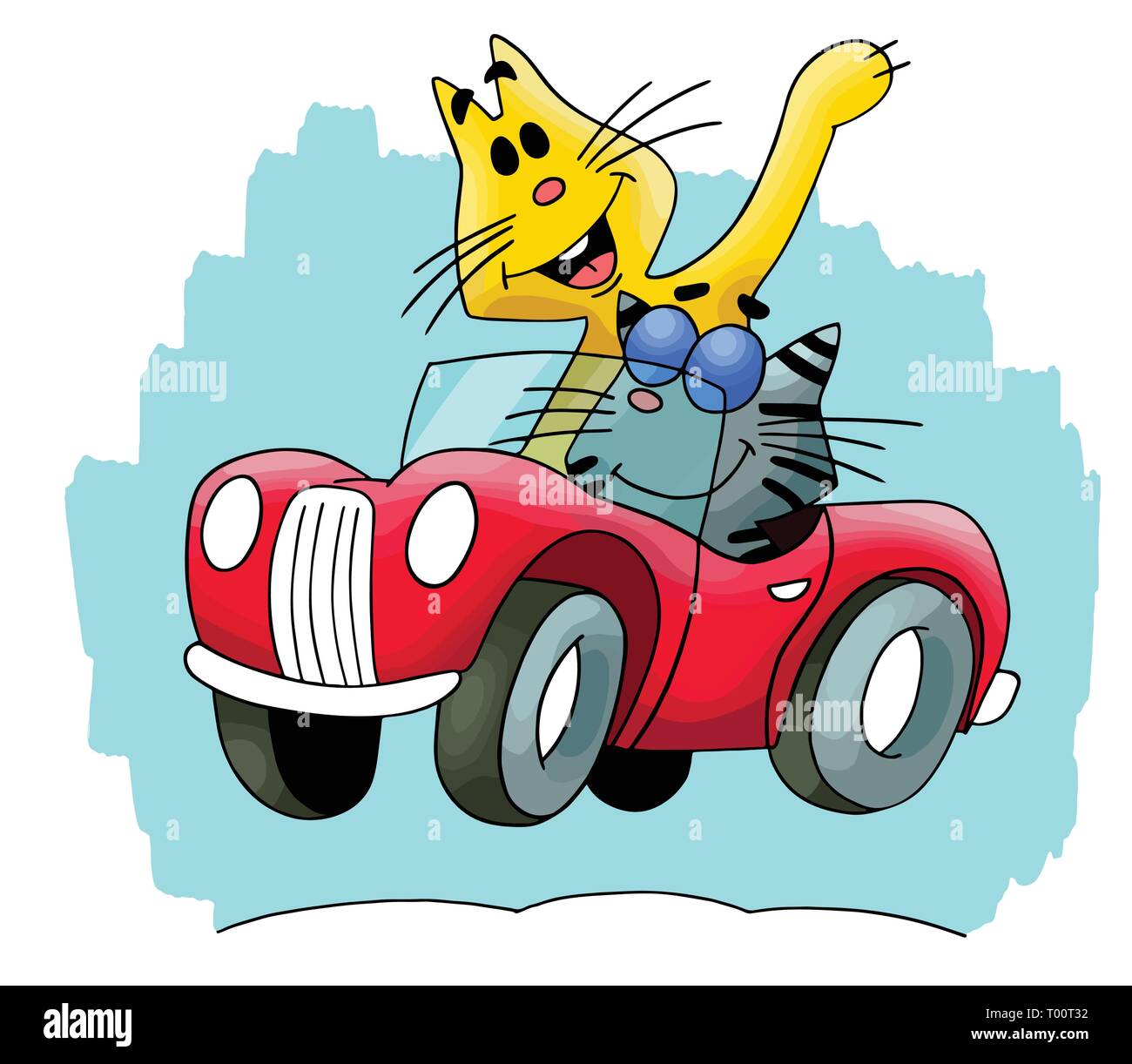 Cartoon cats travelling by a red convertible car vector illustration Stock Vector