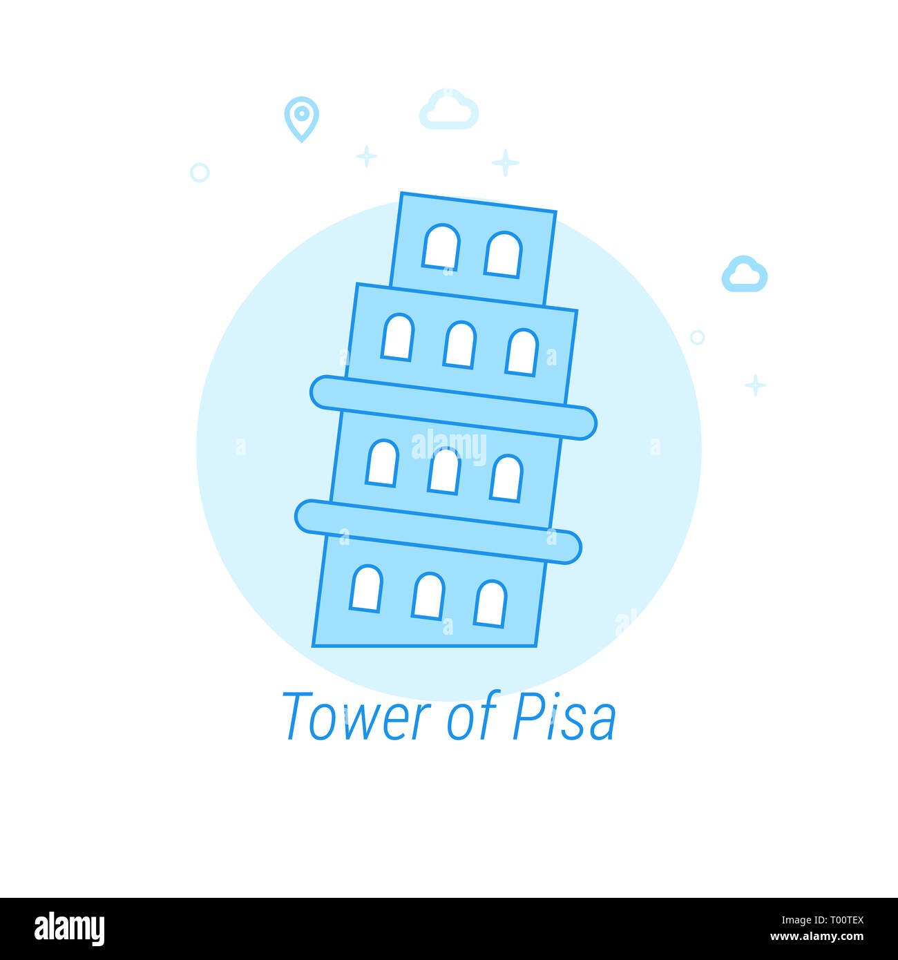 Tower of Pisa, Italy Flat Icon. Historical Landmarks Related Illustration. Light Flat Style. Blue Monochrome Design. Editable Stroke. Adjust Line Weig Stock Photo