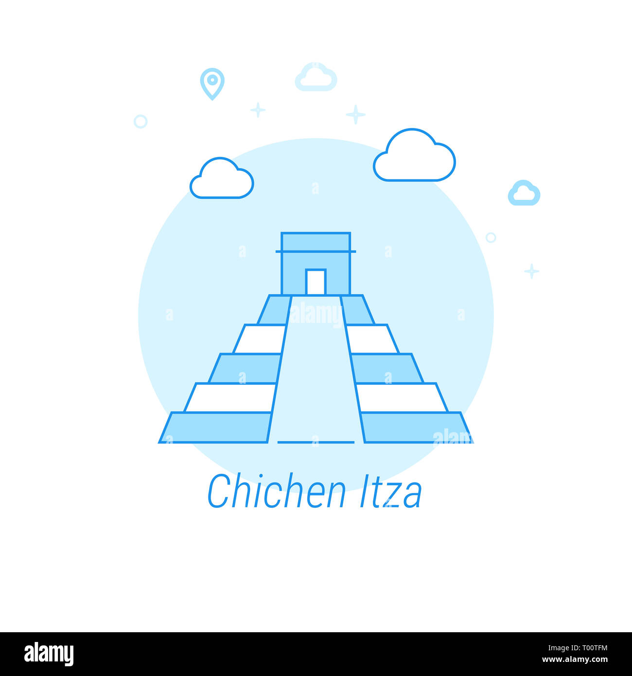 Chichen Itza, Mexico Flat Icon. Historical Landmarks Related Illustration. Light Flat Style. Blue Monochrome Design. Editable Stroke. Adjust Line Weig Stock Photo