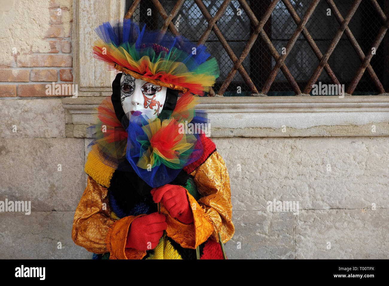 Woman dressed in traditional mask and costume for Venice Carnival standing at Doge’s Palace, Piazza San Marco, Venice, Veneto, Italy Stock Photo