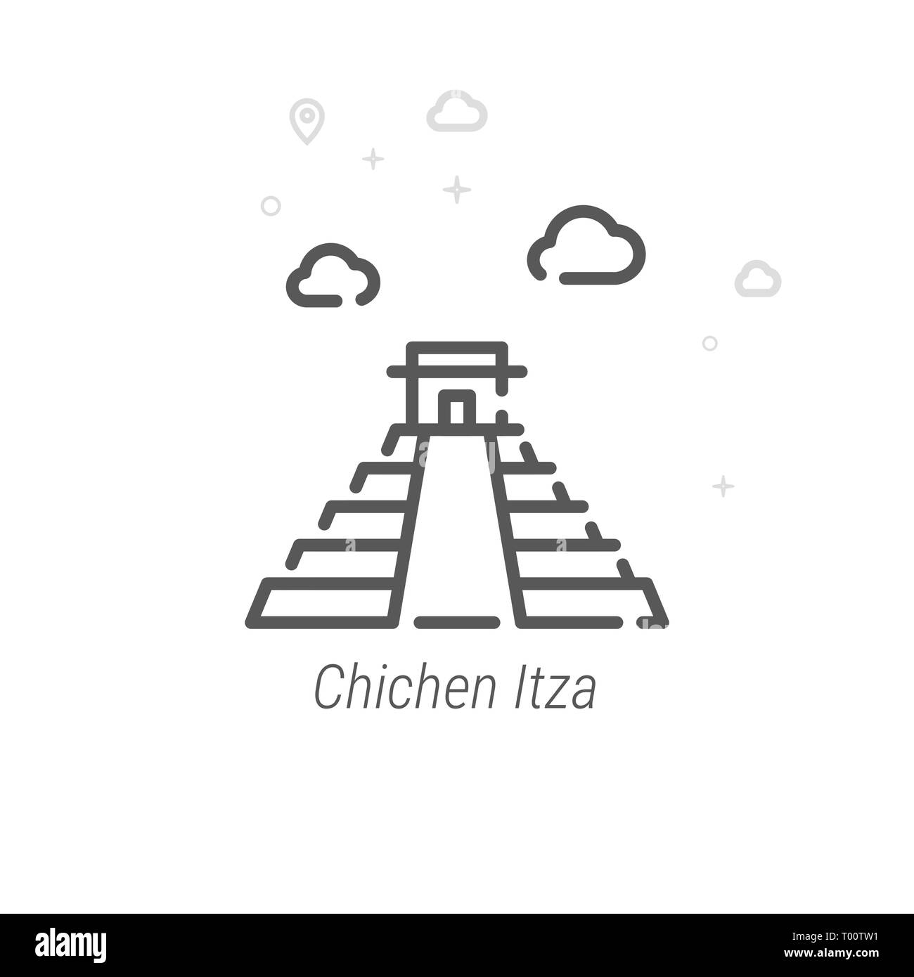 Chichen Itza, Mexico Line Icon. Historical Landmarks Symbol, Pictogram, Sign. Light Abstract Geometric Background. Editable Stroke. Adjust Line Weight Stock Photo