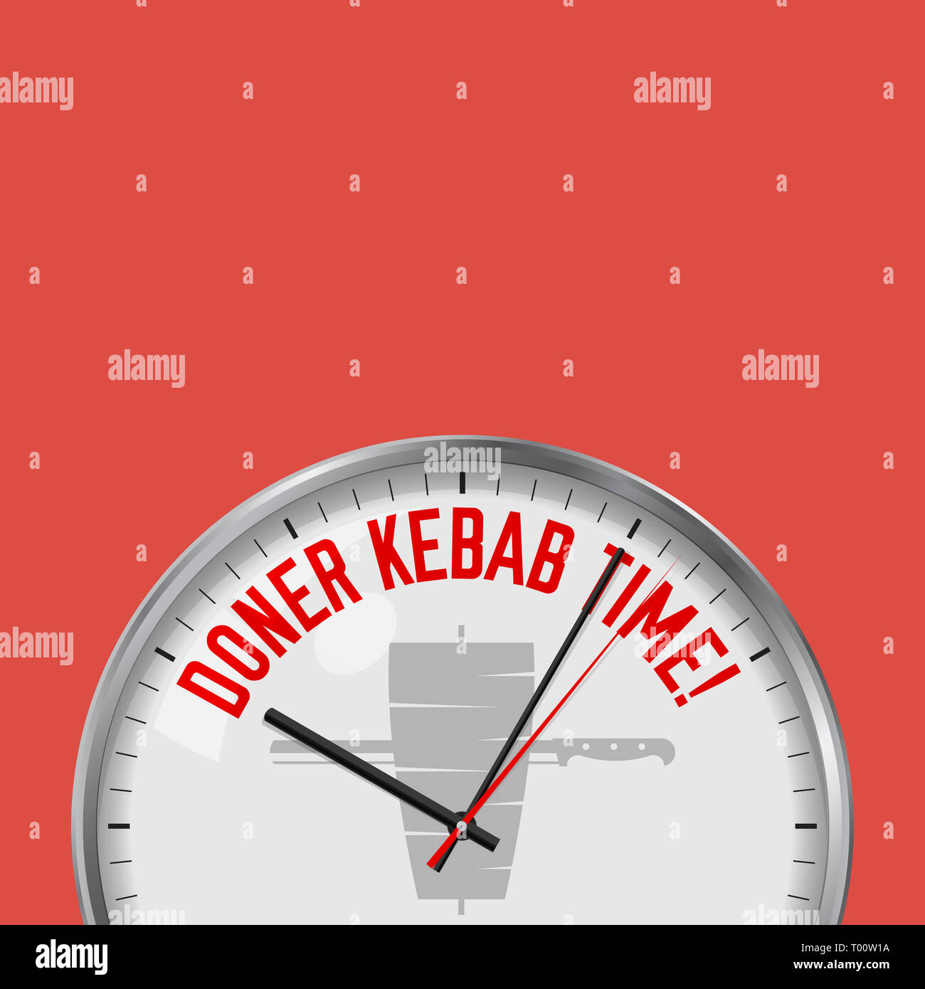 Doner Kebab Time. White Clock with Motivational Slogan. Analog Metal