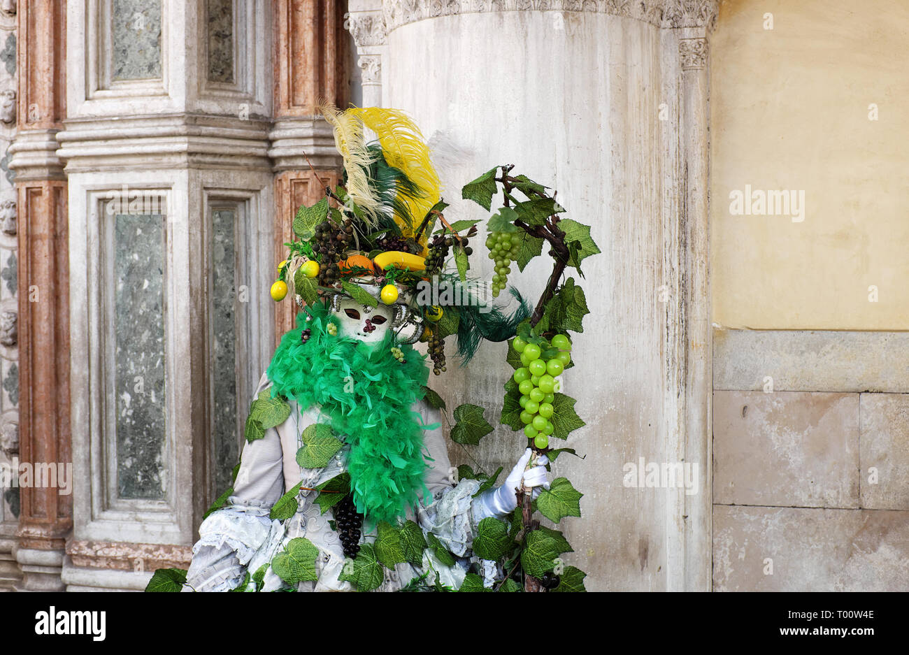 Woman dressed in traditional mask and fruit costume for Venice Carnival standing at Doge’s Palace, Piazza San Marco, Venice, Veneto, Italy Stock Photo