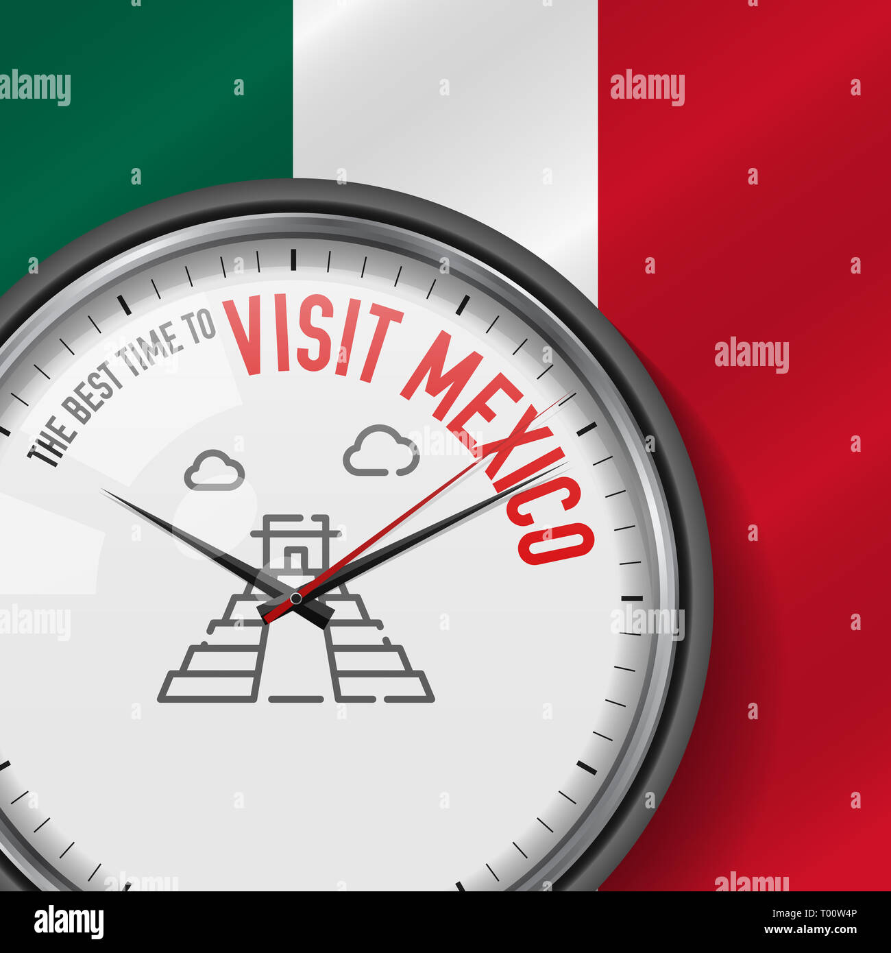 The Best Time for Visit Mexico. White Clock with Motivational Slogan