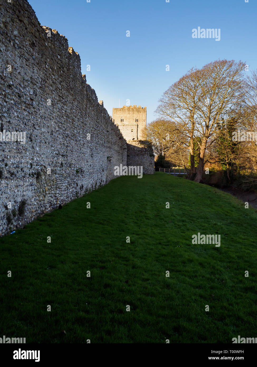 Photograph of the walls and tower of Porchester castle, Portsmouth, Hampshire. Stock Photo