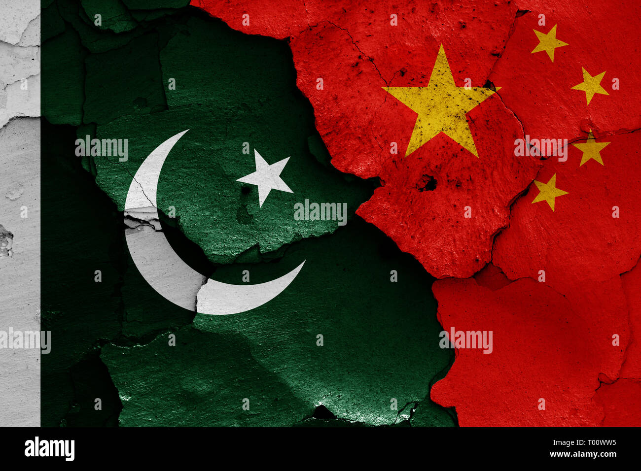 Flags Of Pakistan And China Painted On Cracked Wall Stock Photo