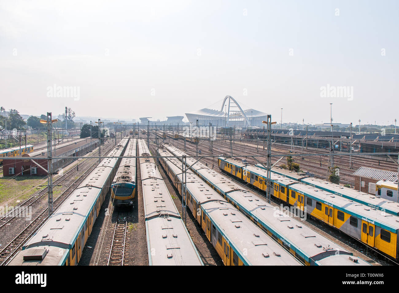 Durban Trains and Moses Mabhida Stadium Stock Photo