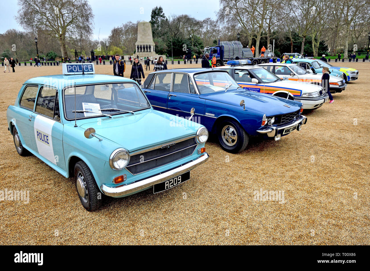 London, UK. 8th March 2019. Display of old Police Cars in Horse Guards Parade to coincide with a march to celebrate 100 years of women in the Metropol Stock Photo