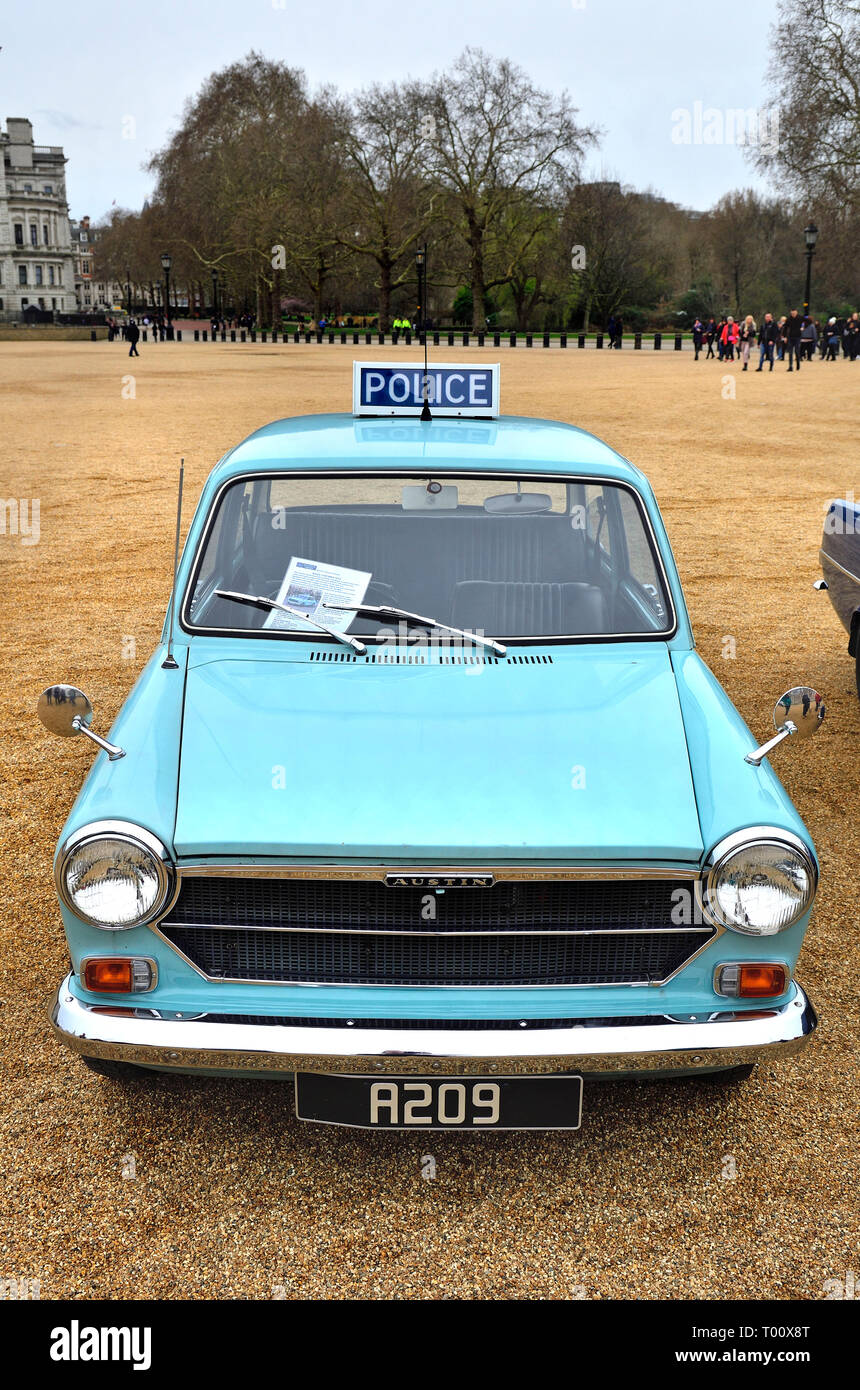 London, UK. 8th March 2019. Vintage Police Austin 1100 MKII (1973) at a display of old Police Cars in Horse Guards Parade to coincide with a march to  Stock Photo