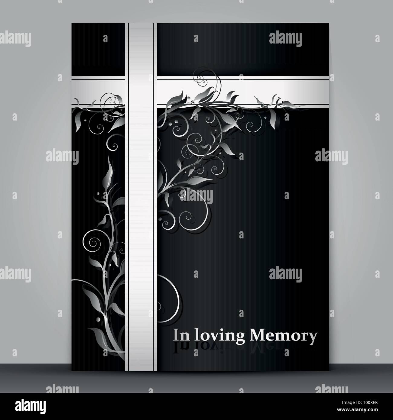 Dark mourning card with 3d floral ornament effect isolated on grey background Stock Vector